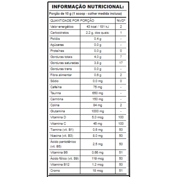 informação nutricional - power coffee