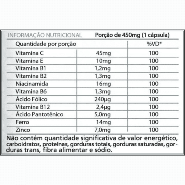 informação nutricional - suplemento vitamínico