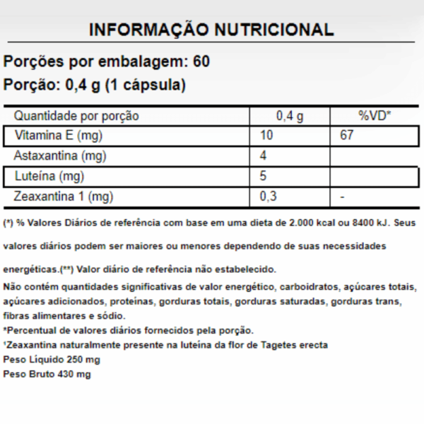 informação nutricional - astaxantina puravida