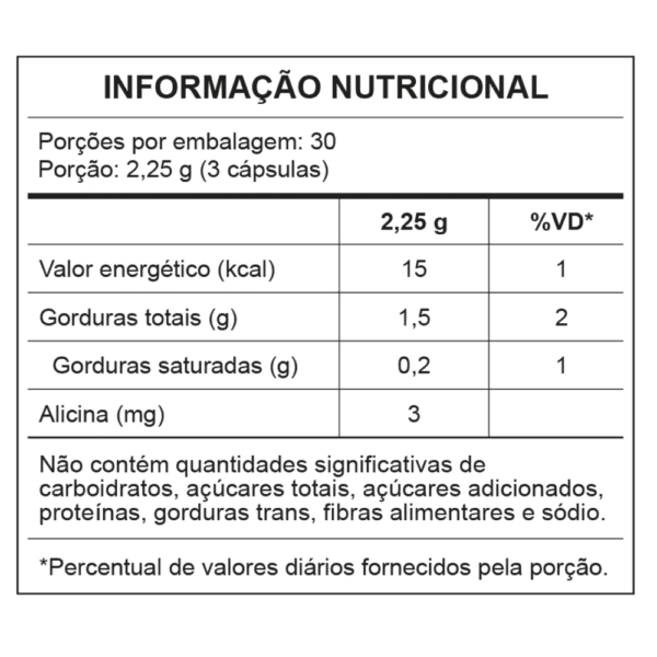 tabela nutricional - óleo de alho