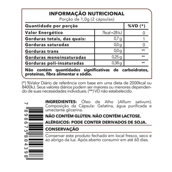 informação nutricional óleo de alho