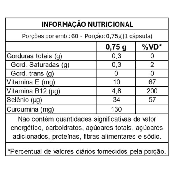 informação nutricional curcuma 60 caps vitafor